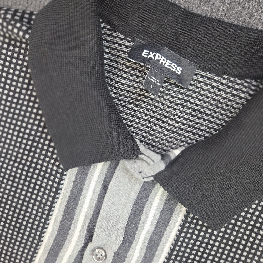 Express Mens Large‎ Grey Black Cotton Knit Camp Shirt SS Button Front